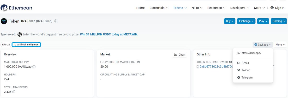 Something good just surfaced on Etherscan #ethereum  today! 
👀 We've spotted the 0xAISwap logo and all the nice details. 🔍  #Ethereum #0xAISwap #0xEasyBot #Etherscan #ConversationalCrypto #innovation #techadoption

etherscan.io/token/0x8c6778…