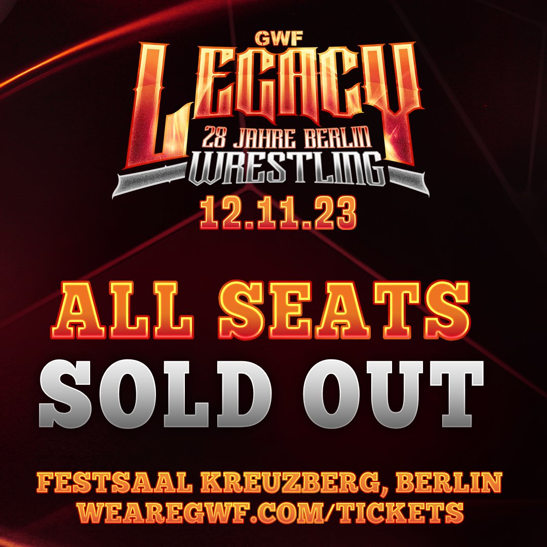WeAreGWF's tweet photo. YOU are incredible!
Already ALL SEATS for our anniversary show on November 12, 2023 at Festsaal Kreuzberg are SOLD OUT!
Get the last tickets here: https://t.co/DvRWqzvVVF
#WeAreGWF https://t.co/CeRmhlaEpN