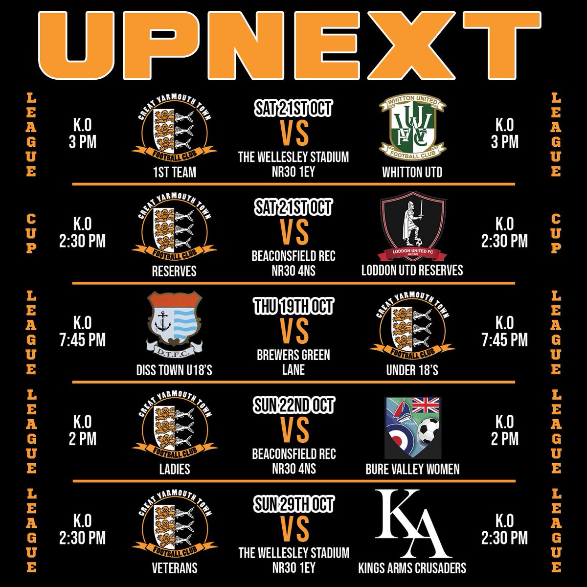 UPNEXT
21/10 - 1st Team host <a href="/WhittonUnitedFC/">Whitton United FC</a>
21/10 - Reserves host <a href="/LoddonUnitedFC/">Loddon United Football Club</a> Res
19/10 - U18's away to <a href="/DissTownFC/">Diss Town FC</a> u18S
22/10 - GYTFC Ladies host Bure Valley Women
29/10 - GYTFC Vets host Kings Arms Crusaders Vets
#UTB #greatyarmouthtownfc #thebloaters #upnext
<a href="/AmberWaveGY/">Amber Wave</a>