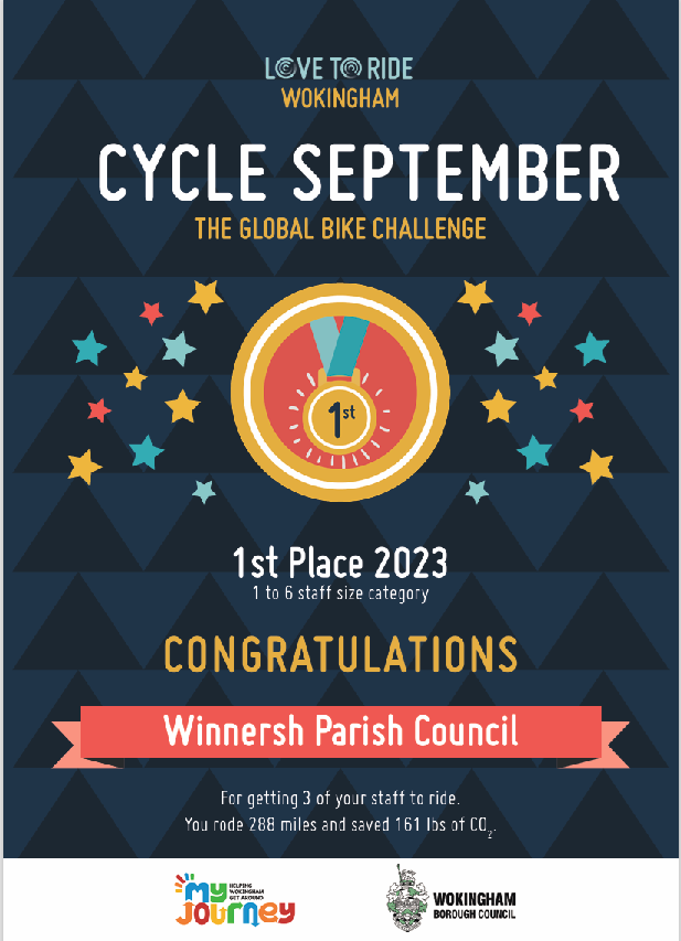 Winnersh Parish Council came first in the 1 to 6 staff category with @LovetoRide_ #cycleseptember! 

#winnersh #sindlesham @MJWokingham