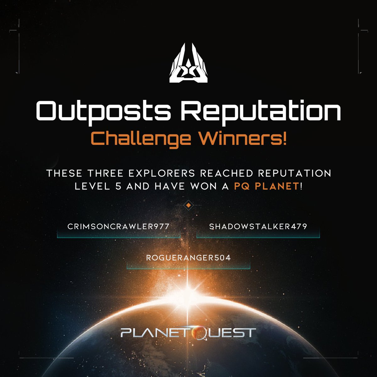 JoinPlanetQuest's tweet image. The #PQOutposts reputation challenge winners have been chosen, Explorers! 🏆
There was quite a big pool to pick from, but only 3 of you were lucky enough to win🎇

Congrats to:
CrimsonCrawler977
ShadowStalker479
RogueRanger504

Your Planet will be in your wallet within 2 weeks!