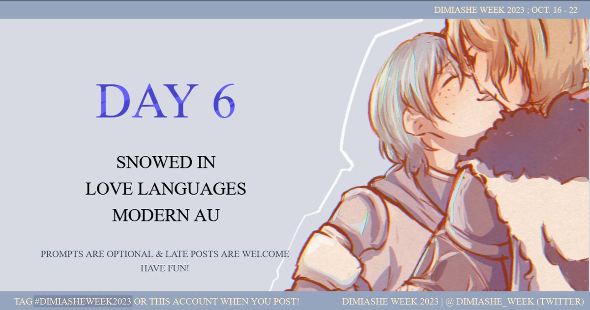 dimiashe_week's tweet photo. [ 💙🐗🏹]

day 6 prompts are...
snowed in / love languages / modern au

#dimiasheweek2023 #dimiashe https://t.co/fkZD0fEgeU
