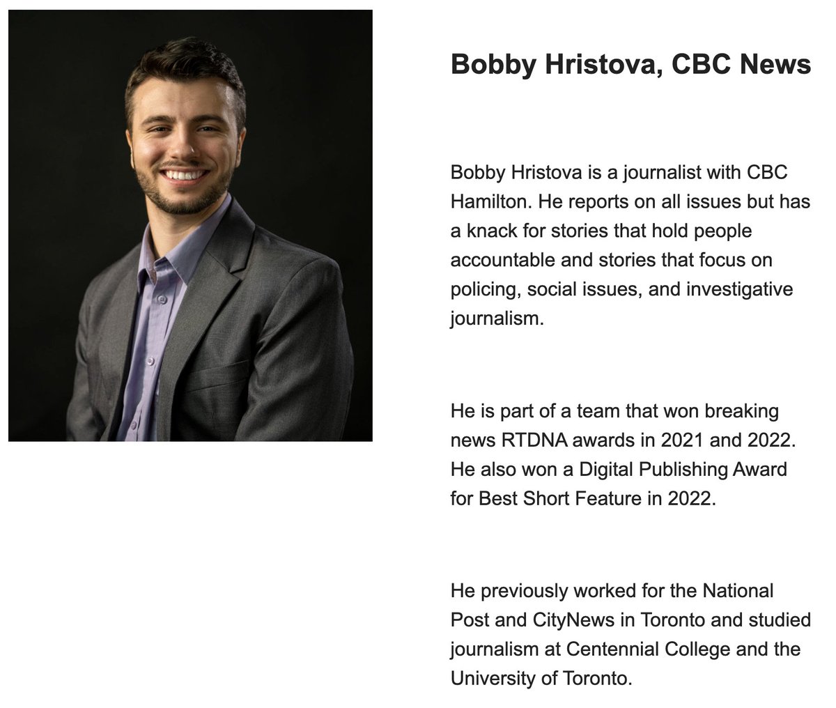 I'm grateful to be a finalist for <a href="/RTDNA_Canada/">RTDNA_Canada</a>'s Emerging Journalist Award.

It's an honour to know my reporting on policing for <a href="/CBCHamilton/">CBC Hamilton</a> set me apart from the 50 applicants.

The winner will be named on Oct. 20 — and win or lose, I'll keep digging. #cdnmedia #rtdna