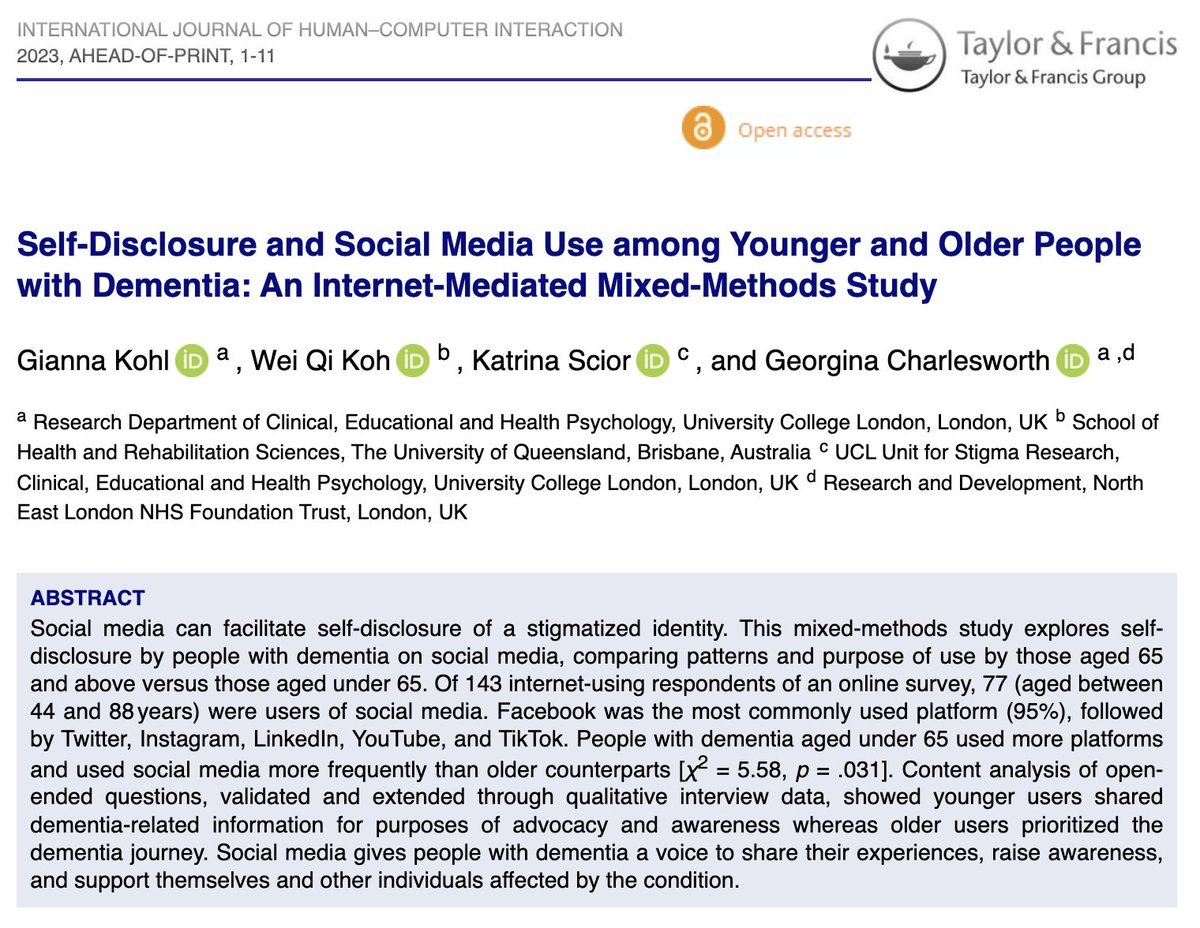 Gianna Kohl (@giannajkohl) on Twitter photo 📢 Paper alert: How do people with #dementia use social media & share their diagnosis on it? Excited to have my PhD research published in #IJHCI. Please check it out ➡️ bitly.ws/XuuP
<a href="/Uclusresearch/">UCLUS</a> <a href="/weiqi_koh/">Wei Qi Koh</a> <a href="/KScior/">Katrina Scior</a> <a href="/AgingPsychol/">Dr Georgina C</a> 📢 Paper alert: How do people with #dementia use social media & share their diagnosis on it? Excited to have my PhD research published in #IJHCI. Please check it out ➡️ bitly.ws/XuuP
<a href="/Uclusresearch/">UCLUS</a> <a href="/weiqi_koh/">Wei Qi Koh</a> <a href="/KScior/">Katrina Scior</a> <a href="/AgingPsychol/">Dr Georgina C</a>