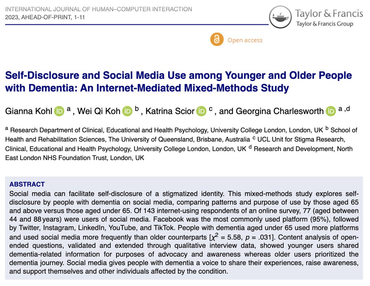 📢 Paper alert: How do people with #dementia use social media & share their diagnosis on it? Excited to have my PhD research published in #IJHCI. Please check it out ➡️ bitly.ws/XuuP @Uclusresearch @weiqi_koh @KScior @AgingPsychol