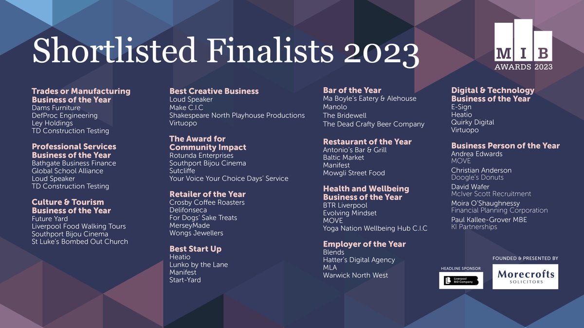 Here's a little reminder of the 5️⃣4️⃣ fantastic businesses and people who have made the shortlist for this year's Merseyside Independent Business Awards! 📣We'll announce the #MIB23 winners live across our social channels on Thursday night - so watch this space!