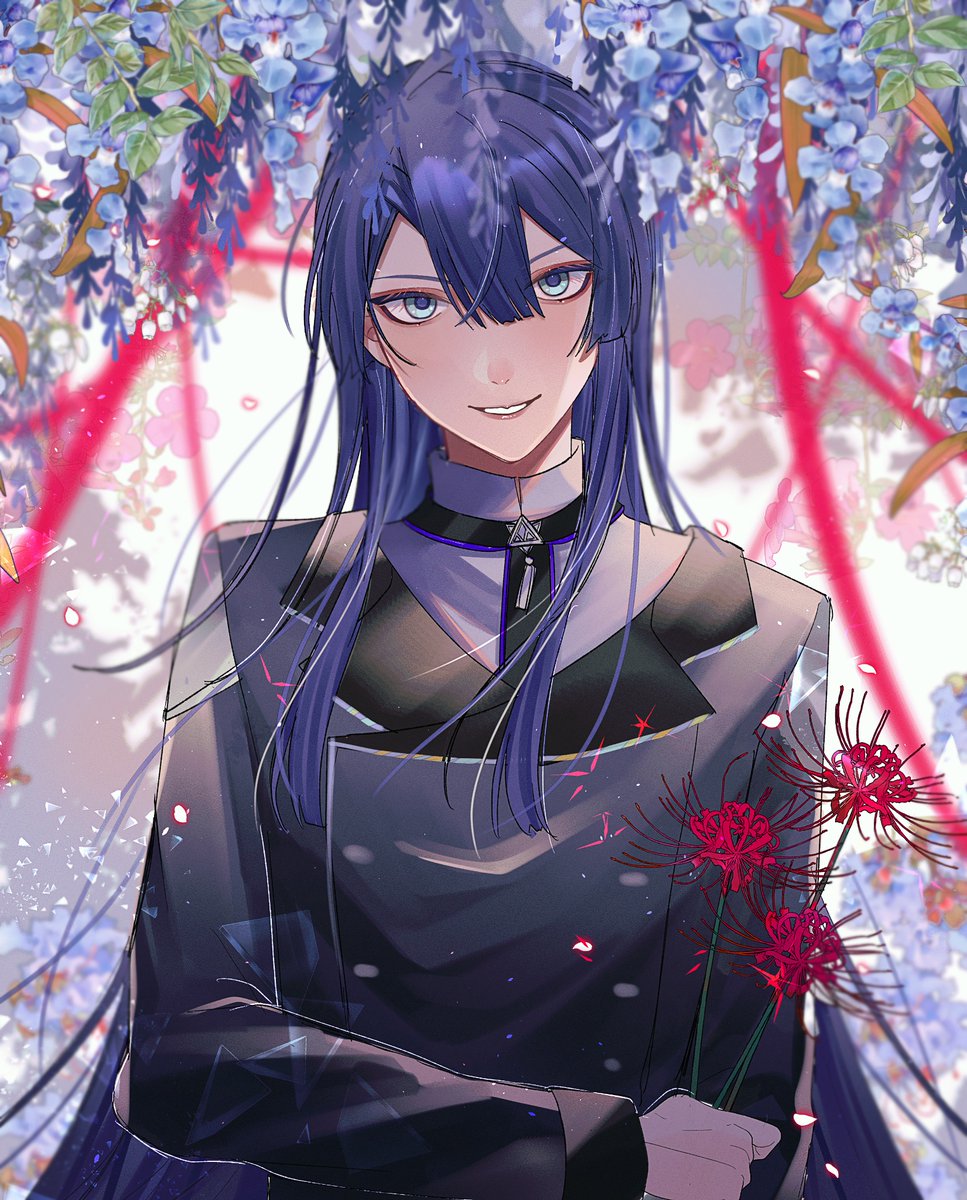 flower 1boy male focus long hair solo holding looking at viewer  illustration images