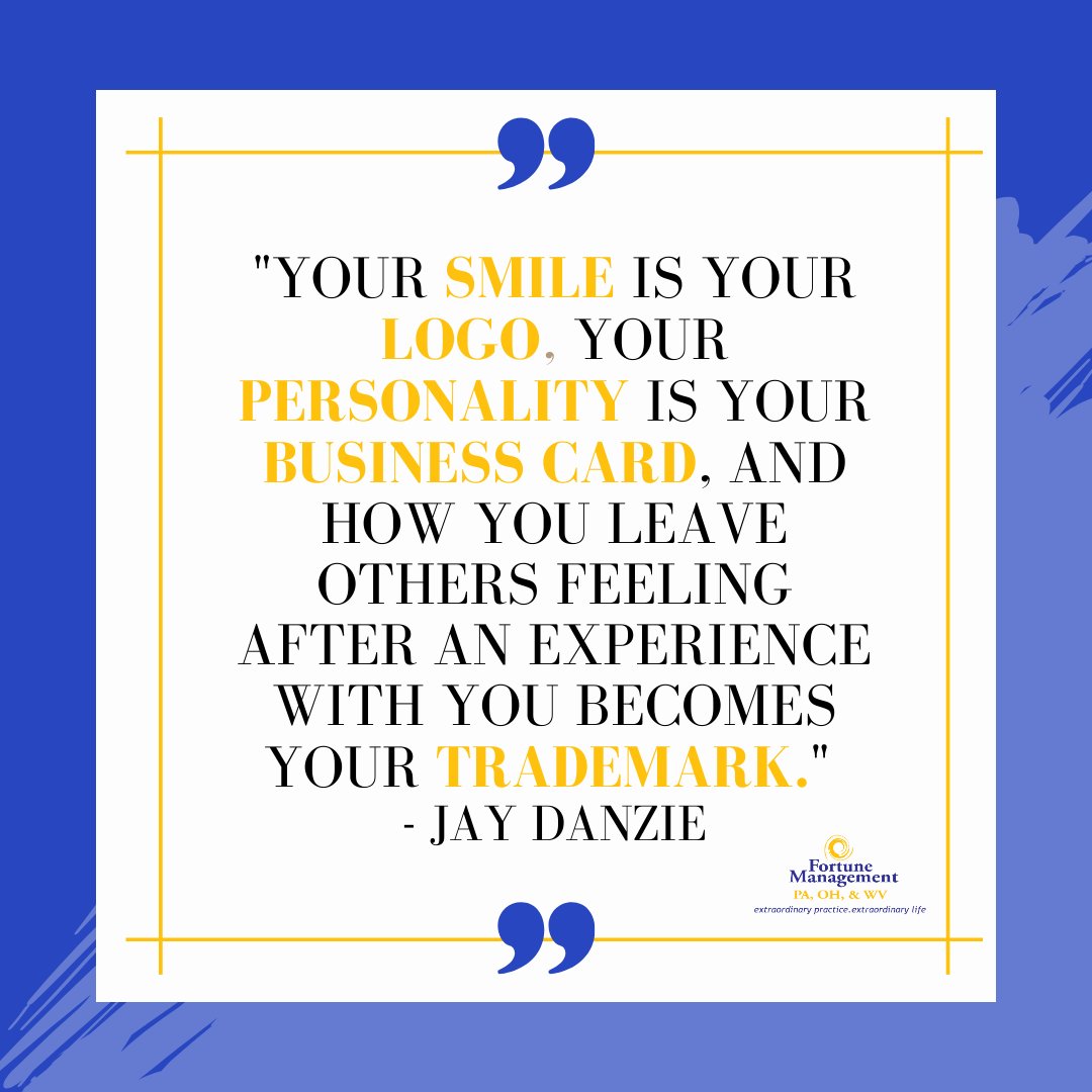 Embrace the power of your smile! 😁 Your smile is your logo, your personality is your business card, and how you leave others feeling after an experience with you becomes your trademark. 💫 Keep spreading positivity, one smile at a time! 😃 #MondayMotivation #DentalCoaching