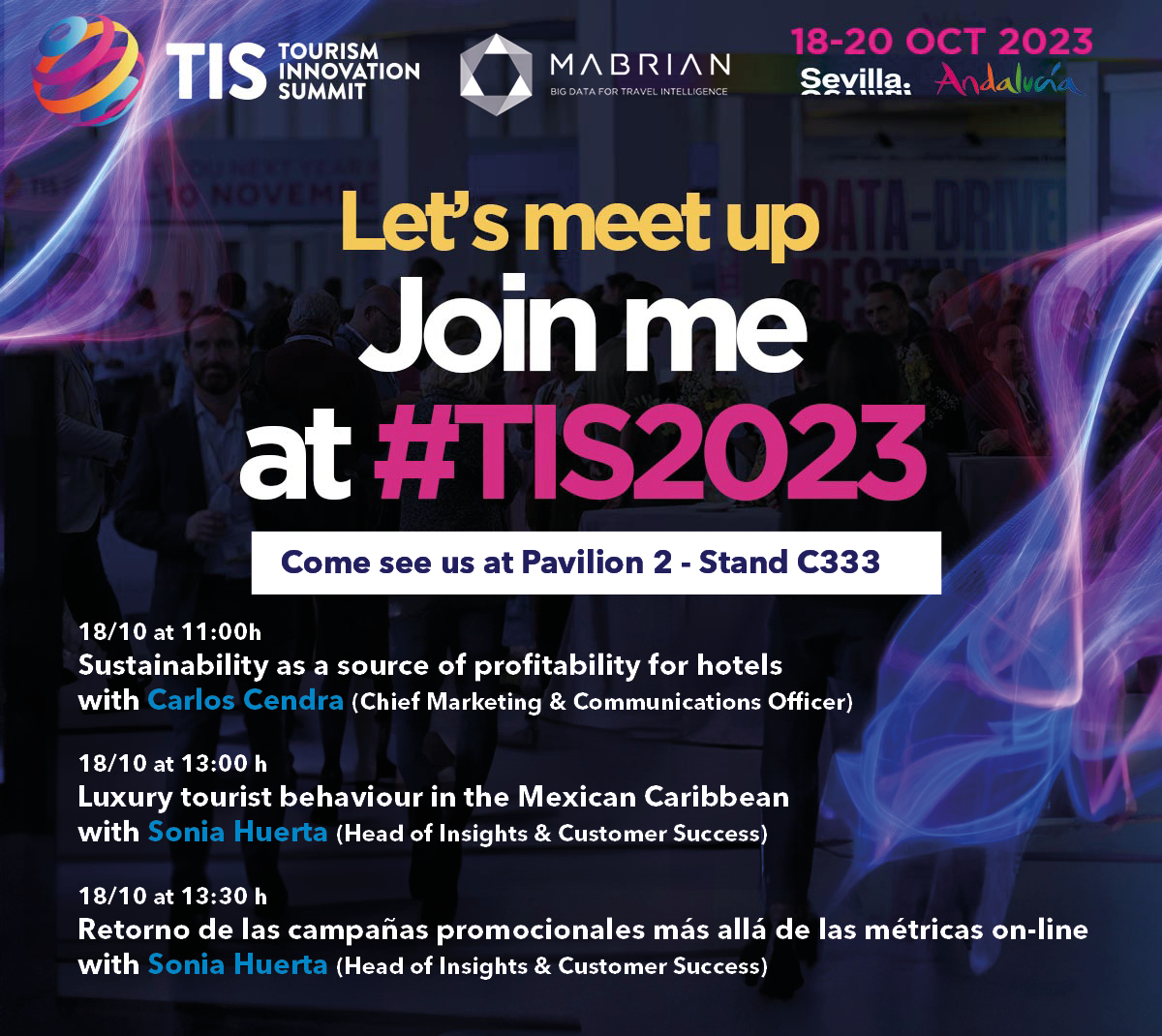 This week at <a href="/MabrianOfficial/">Mabrian Technologies</a> we are present at <a href="/tissevilla/">Tourism Innovation Summit</a>! Visit us on our stand (Pavilion 2 - C333) or attend one of our presentations on October 18 about data, sustainability and tourist behavior. See you in #Seville! #TIS2023