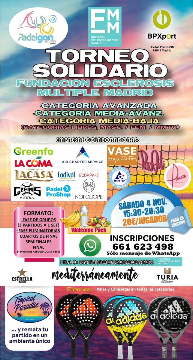 FundacionEMM's tweet photo. ¿Juegas al #padel❓¿Quieres pasar un buen rato compitiendo por una buena causa? Toma nota✍️
🔛Torneo Solidario de nuestros amigos de @EventosPadelGon en @bpxport Los Prunos
🗓️Sábado 4 de noviembre

Fondos destinados a nuestro centro de #neurorrehabilitacion en #esclerosismultiple https://t.co/IFVB5bPMm0