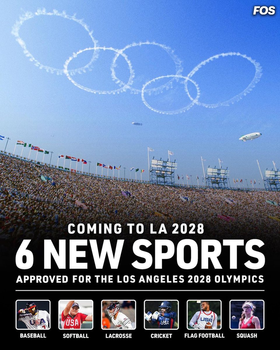 Six proposed sports have officially been added to the Los Angeles 2028 Olympic Games lineup:

⚾️ Baseball
🥎 Softball
🏈 Flag Football
🥍 Lacrosse
⚫️ Squash
🏏 Cricket