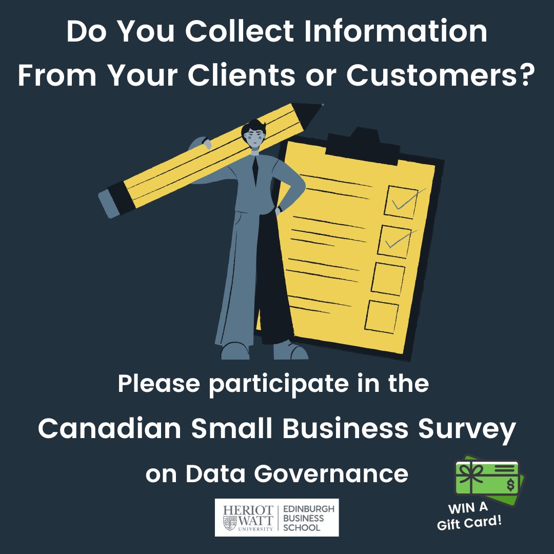 Researcher Aileen Hunter <a href="/EBS_Global/">Edinburgh Business School, Heriot-Watt University</a>, explores the current awareness of and attitudes within Canadian SME's, towards data literacy and governance.

Participate in the Survey for a chance to WIN a gift card!
hw.onlinesurveys.ac.uk/canadian-small…
#SmallBusiness