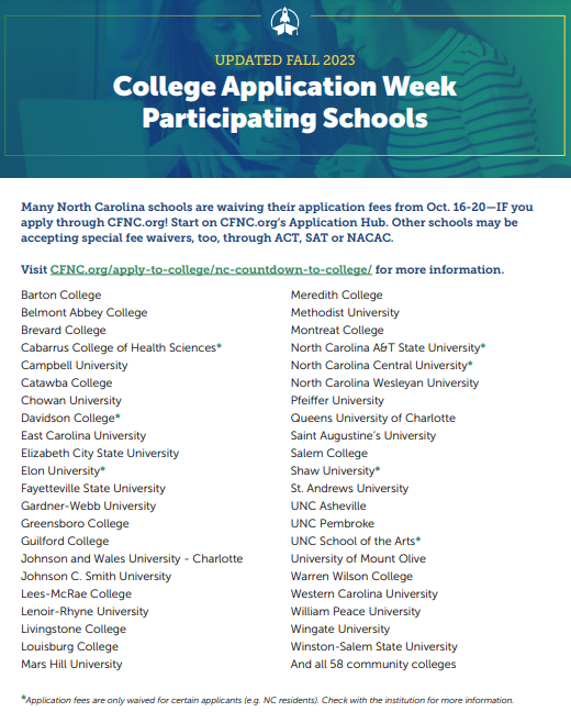 LRHScounselors's tweet photo. College Application Week is here! This week, apply to over 40 NC colleges through the CFNC portal for free! Stop by Student Services during both lunches to get help, or reach out to your counselor. https://t.co/qlOqE99ggV https://t.co/dOU9BgYBfd