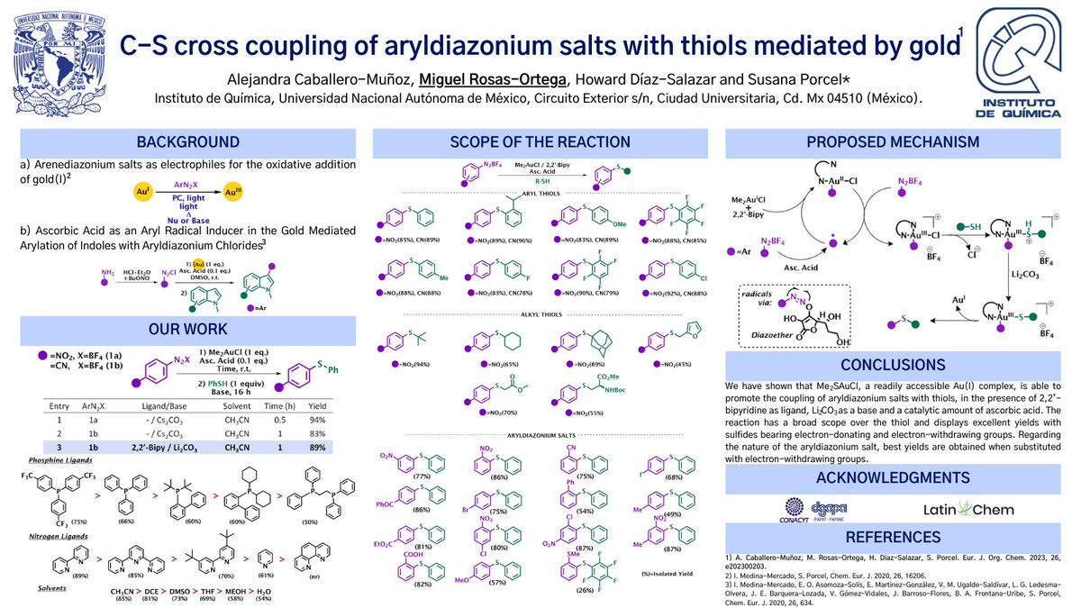 Hi <a href="/LatinXChem/">LatinXChem</a> community! I'm glad to share our work "C-S Cross-Coupling of Aryldiazonium Salts with Thiols Mediated by Gold" recently published in <a href="/EurJOC/">EurJOC</a>.  

<a href="/OrgBiomolChem/">OBC</a> <a href="/ChemEurope/">Chemistry Europe</a> <a href="/Wiley_Chemistry/">Wiley Chemistry</a> <a href="/OrgChemFront/">OrgChemFront</a>
#LatinXChem23 #LatinXChemOrg #Org166