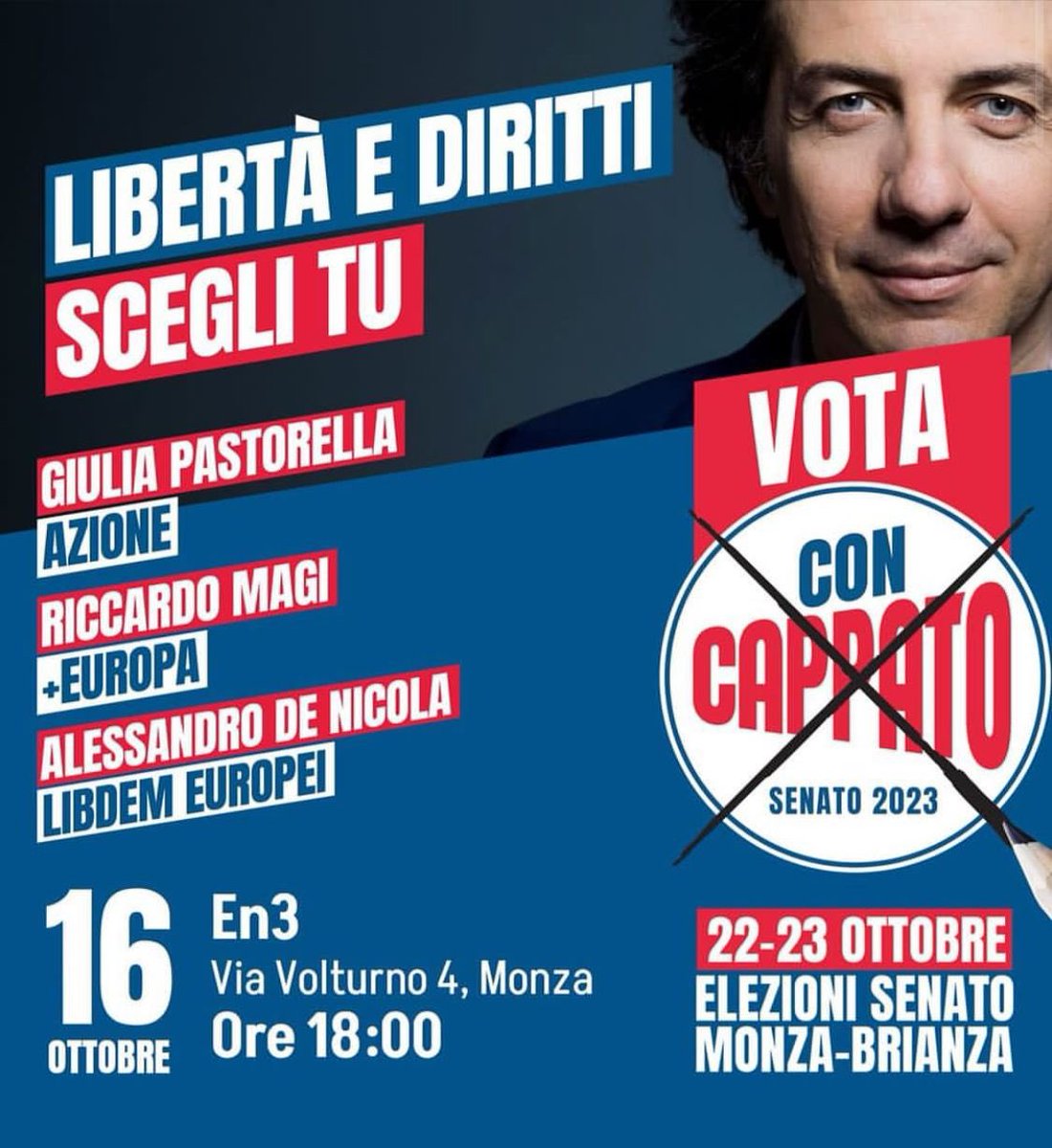 Ci vediamo oggi da En3, in via Volturno 4 a Monza alle 18:00 con <a href="/PastorellaGiu/">Giulia Pastorella</a> , <a href="/riccardomagi/">Riccardo Magi</a> e Alessandro de Nicola per un incontro a tema libertà e diritti. Ti aspettiamo!

<a href="/marcocappato/">Marco Cappato</a> 
#libertàediritti #concappato