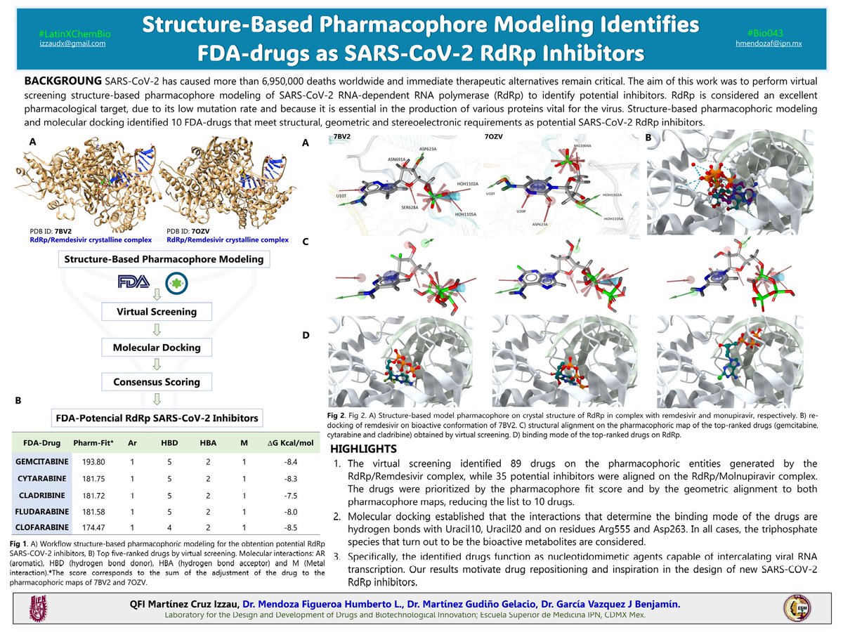 Izzau_MC's tweet photo. Hi @LatinXChem community, I present my work related to Pharmacophore Modeling of RdRp #SARSCoV2 for FDA drug repositioning as potential inhibitors of viral replication. #LatinXChem23 #LatinXChemBio #Bio043 @rsc_chembio, @ChemBioChem @humefigueroa 🇲🇽 https://t.co/zGqioKDBI4