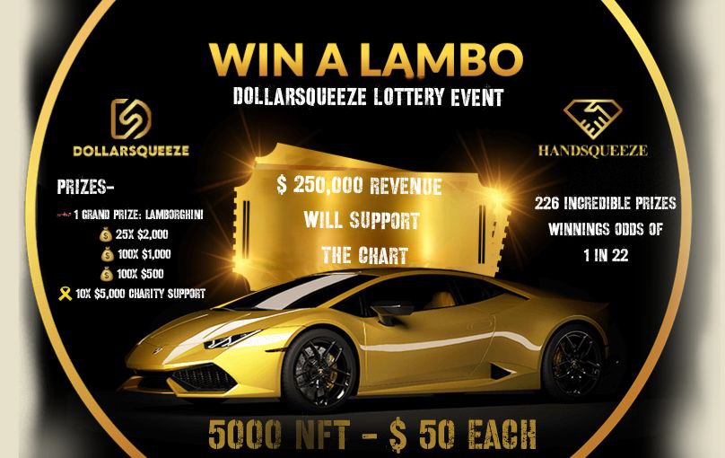 @Dollar_Squeeze #DOLLARSQUEEZE LOTTERY EVENT coming for big wins while supporting #charity!
5000 Lambo #NFTs await, each a ticket to win big prizes incl a #Lamborghini! 
1. 🏎️ 1 Lamborghini
2. 💰 25x $2000
3. 💰 100x $1000
4. 💰 100x $500
5. 💖 10x $5000 for Charity
#Crypto #Giveaways $DSQ #DEFI