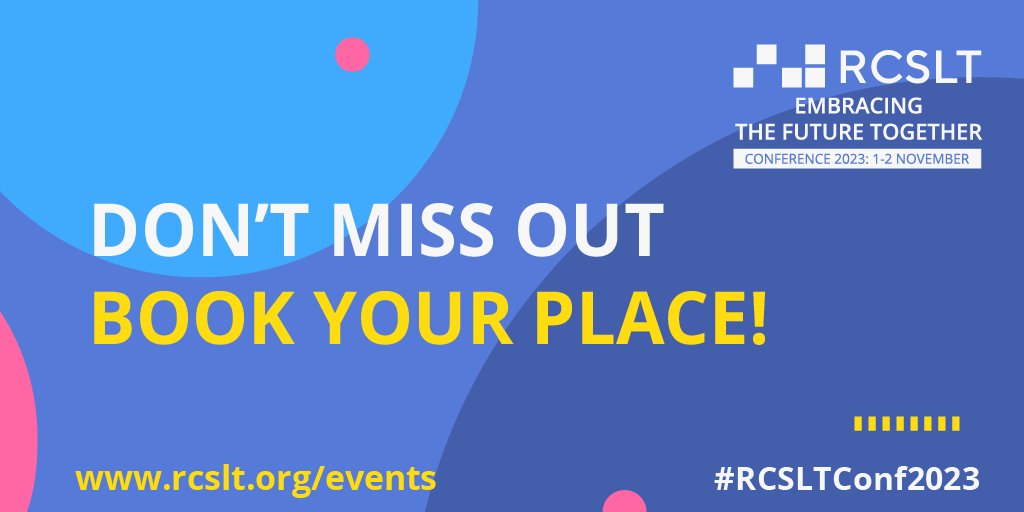 RCSLT's tweet image. There&apos;s just 2 weeks to go until #RCSLTConf2023. With over 70 presentations &amp;amp; 60 posters covering the latest in #SLT practice, it is not to be missed!

Build your personal agenda, set up your profile &amp;amp; get ready to network with others! #SLPeeps

Book now: rcslt.org/events/rcslt-c…