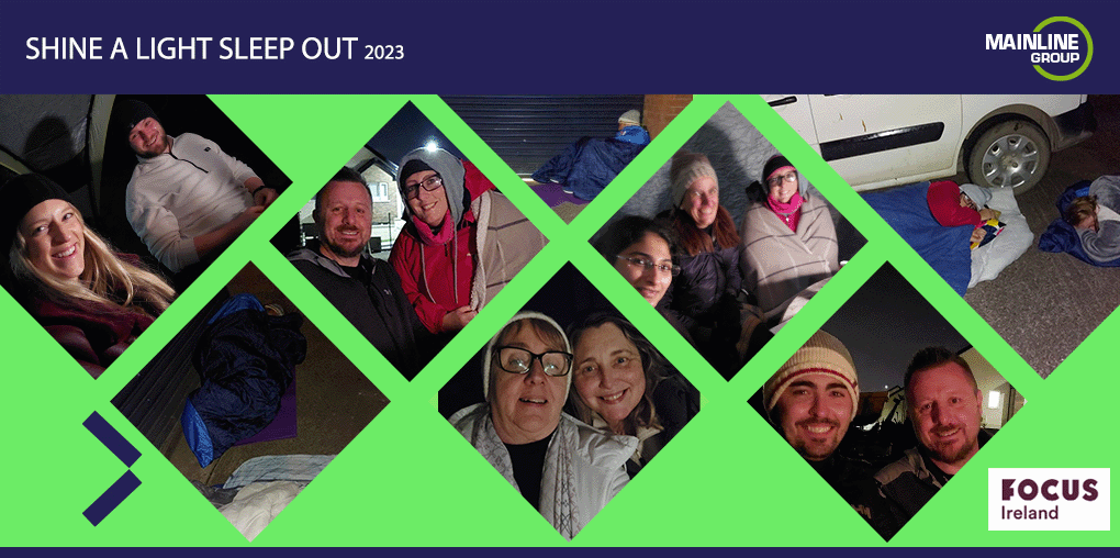 mainlinegroup's tweet photo. On Friday night, Mainliners joined forces with @FocusIreland  to Shine a Light on homelessness. We swapped our cozy beds for sleeping bags in the @mainlinegroup car park, raising awareness and funds for those without a home. 🏠
#ShineALight #MainlineCares #CommunityStrong 💪 https://t.co/gZdVPVhEiK