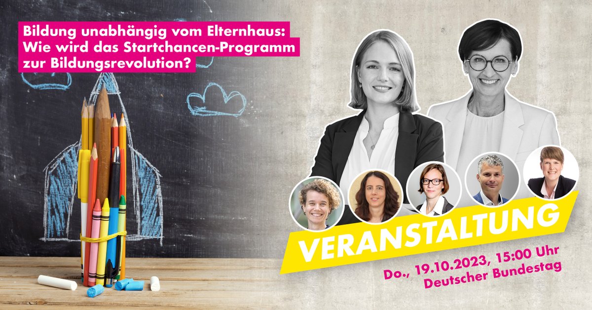 Bildung unabhängig vom Elternhaus: Wie wird das Startchancen-Programm zur #Bildungsrevolution? 📆 19.10.2023 ab 15:00 Uhr 📍 Deutscher Bundestag 🙋 @starkwatzinger @jboerschsupan @larsbekesi @MMeyn16 🔗shorturl.at/zAHI7