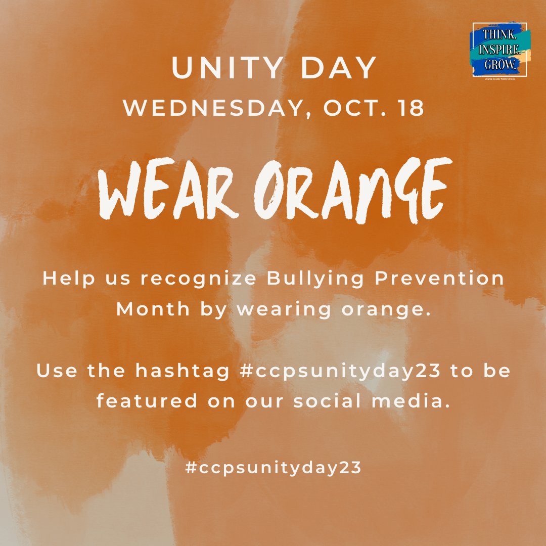 CCPS's tweet photo. We are halfway through Bullying Prevention Month! Wednesday, Oct. 18 is unity day. Wear orange on Wednesday to support anti-bullying. Post your photos on social media and use the hashtag #ccpsunityday23 to be featured on our social media. https://t.co/JzHXMrxGM3