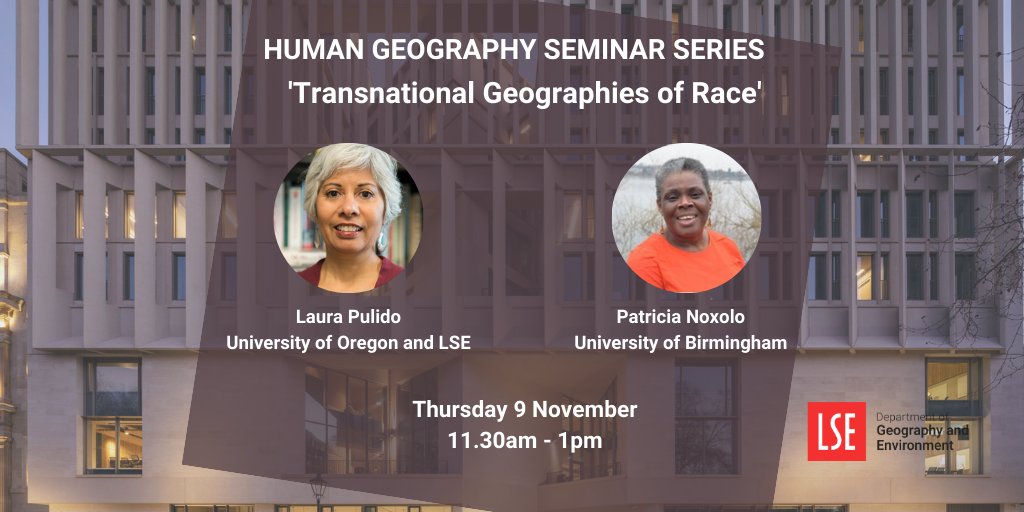LSE Geography & Environment (@lsegeography) on Twitter photo 📢 Happy to announce a special <a href="/LSEGeography/">LSE Geography & Environment</a> Human Geography Seminar series event with Laura Pulido and @patnoxolo, 'Transnational Geographies of Race'.
🔴 Sign up to join in person: zurl.co/zjw9
🔴 Sign up to join online: zurl.co/m5Vj 📢 Happy to announce a special <a href="/LSEGeography/">LSE Geography & Environment</a> Human Geography Seminar series event with Laura Pulido and @patnoxolo, 'Transnational Geographies of Race'.
🔴 Sign up to join in person: zurl.co/zjw9
🔴 Sign up to join online: zurl.co/m5Vj