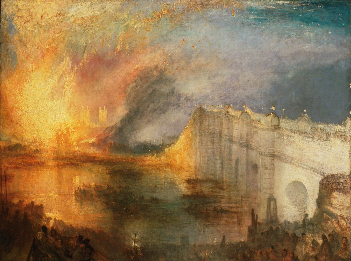 On this day, 1834, Parliament burned down. Turner's capture of the event, from the other side of Westminster Bridge. #OTD