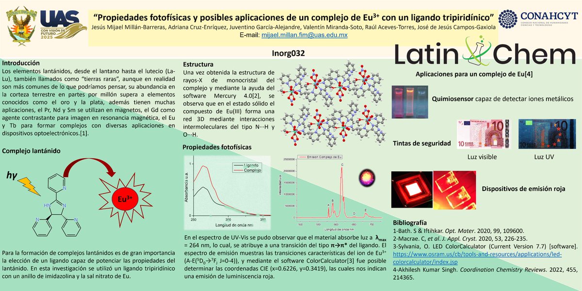MijaelMillan's tweet photo. “Hi @LatinXChem, presenting my work ‘Propiedades fotofísicas y posibles aplicaciones de un complejo de Eu3+ con un ligando tripiridínico’ at #LatinXChem23 #LatinXChemInorg #Inorg032 #Lanthanide #Complex #Luminiscent.” https://t.co/9UiBL0AEeZ