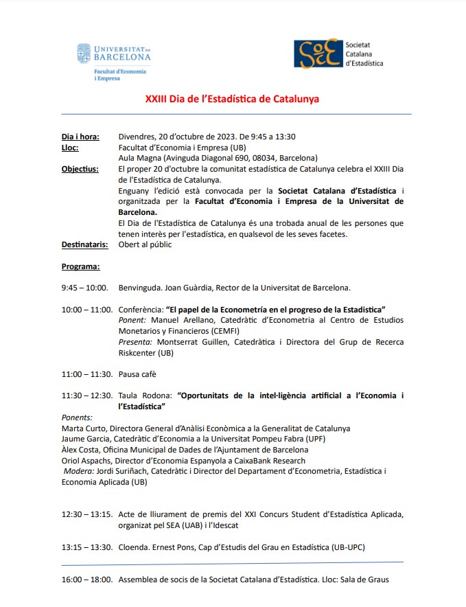 socestadistica's tweet photo. 📢Dia de l'Estadística de Catalunya
🗓️20/10
👉Organitza @ubfacecoiempres  🔗https://t.co/ldcr1O7YAG
📌Aula Magna (Diagonal 690)
cc/ @iec @UniBarcelona @CEMFInews @UBriskcenter @economiacat @UPFBarcelona @bcn_ajuntament @CABK_Research @AqrLab
@idescat @UABBarcelona @ubeconomics https://t.co/reFbu7I97H