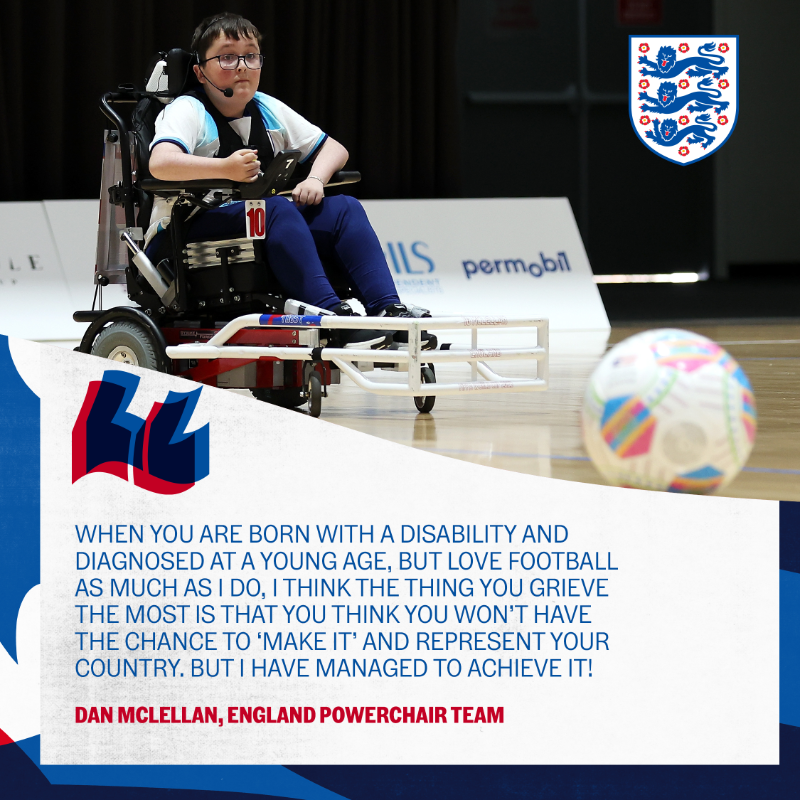 England's tweet photo. "Nothing compares to getting that call-up to represent your country." 🏴󠁧󠁢󠁥󠁮󠁧󠁿

Dan McLellan – the youngest member of our England Powerchair squad at the #FIPFAPowerchairWorldCup2023 – on an amazing journey so far and his pride at being involved: