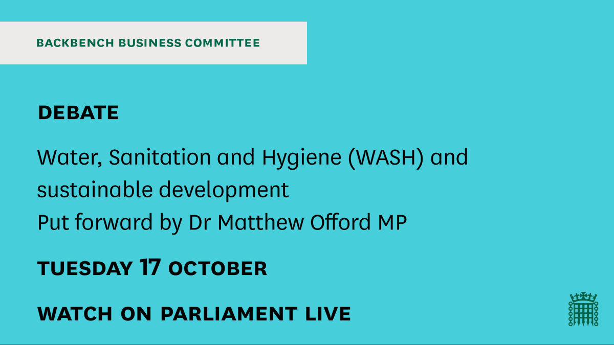 CommonsBBCom's tweet photo. At 9.30am, @Offord4Hendon is leading a debate on Water, Sanitation and Hygiene (WASH) and sustainable development 🚰

Read the @commonslibrary debate pack 📗
https://t.co/iVZ7XWhFxB

Watch on Parliament Live 📺
https://t.co/RpFPdBIUNf https://t.co/uEYEiA6If7