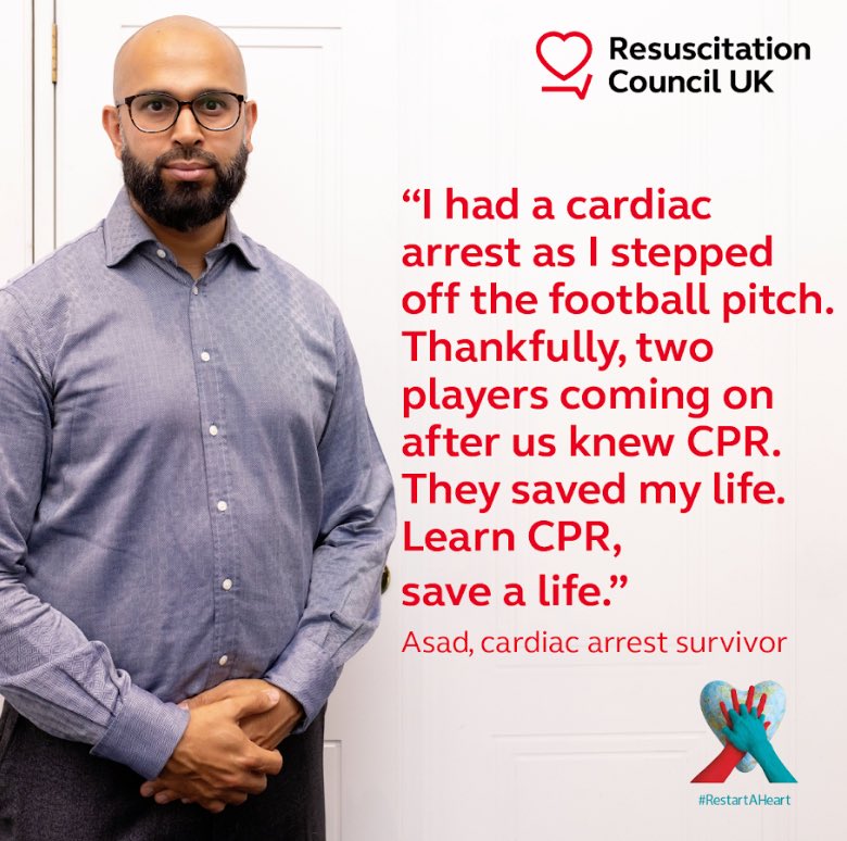 Restart a Heart Day 2023 🫶 As well as possibly requiring defibrillation, patients in cardiac arrest need good quality CPR. Asad survived a catastrophic event, helped by 2 people with the skills and knowledge of how to deliver the life saving chest compressions. @ResusCouncilUK