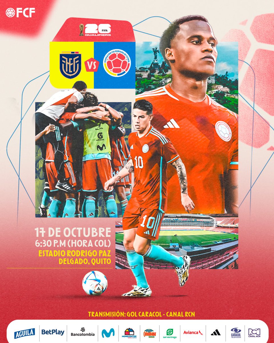 FCFSeleccionCol's tweet photo. ¡𝙈𝙖𝙣̃𝙖𝙣𝙖, 𝙣𝙪𝙚𝙨𝙩𝙧𝙤 𝙨𝙚𝙜𝙪𝙣𝙙𝙤 𝙧𝙚𝙩𝙤!

🆚 Ecuador 🇪🇨
🗓️ Martes 17 de octubre
🕕 6:30 p.m. (hora COL)
🏆 Clasificatorias Copa Mundial de la FIFA 2026
🏟️ Estadio Rodrigo Paz Delgado, Quito
📺 @GolCaracol @CanalRCN

#TodosSomosColombia 🇨🇴 https://t.co/XZwgsA5kD1