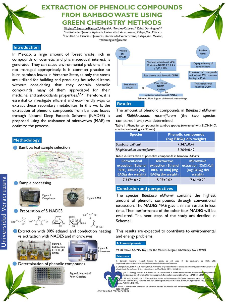 Hi <a href="/LatinXChem/">LatinXChem</a>, presenting my work “Extraction of phenolic compounds from bamboo waste using green chemistry methods” at  #LatinXChem23 #LatinXChemEnv #Env090 <a href="/EnvSciRSC/">Environmental Science Journals of the RSC</a>