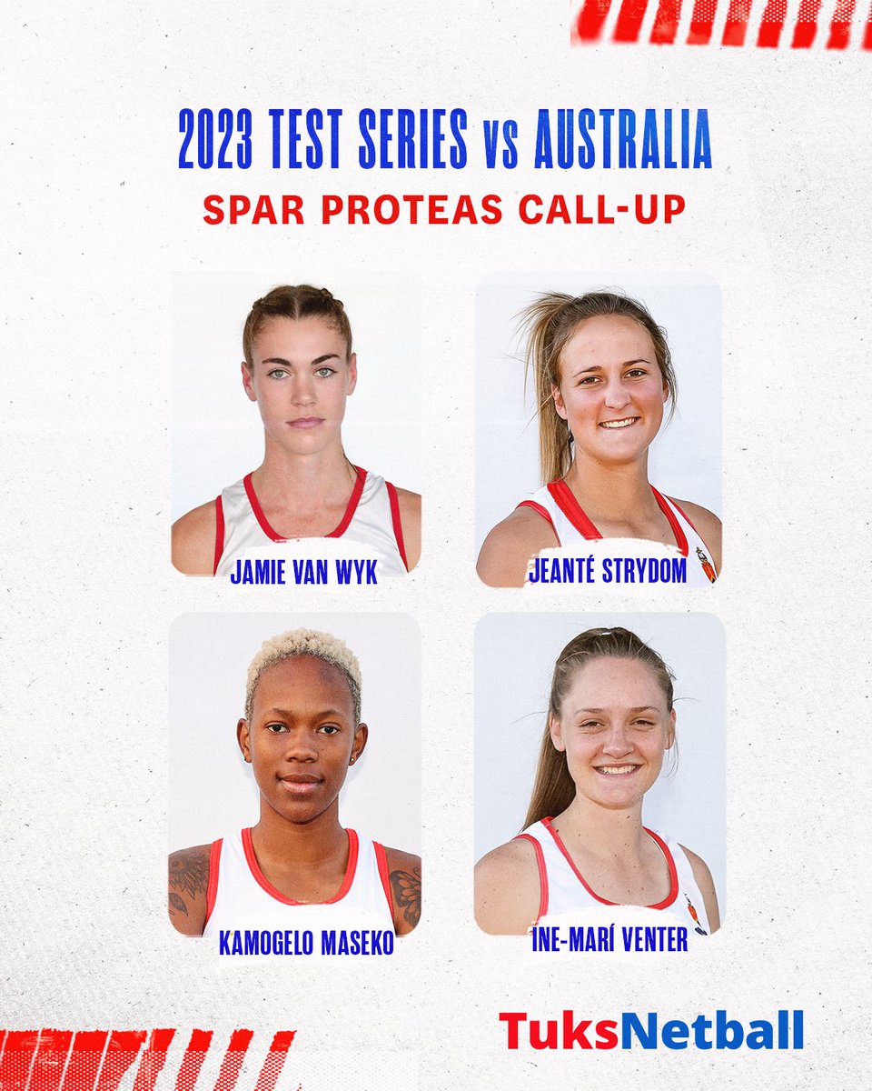 TuksSport's tweet photo. NATIONAL DUTY 𝐂𝐀𝐋𝐋𝐒 🇿🇦

#TuksNetball affiliates are part of the SPAR Proteas team squad for their upcoming Test Series against the 2023 #NetballWorldCup champions, Australia.

🏐 Jamie van Wyk
🏐 Jeanté Strydom
🏐 Kamogelo Maseko
🏐 Ine-Marí Venter

#Elevate2Greatness ⭐️💡 https://t.co/HApVSN2oT9