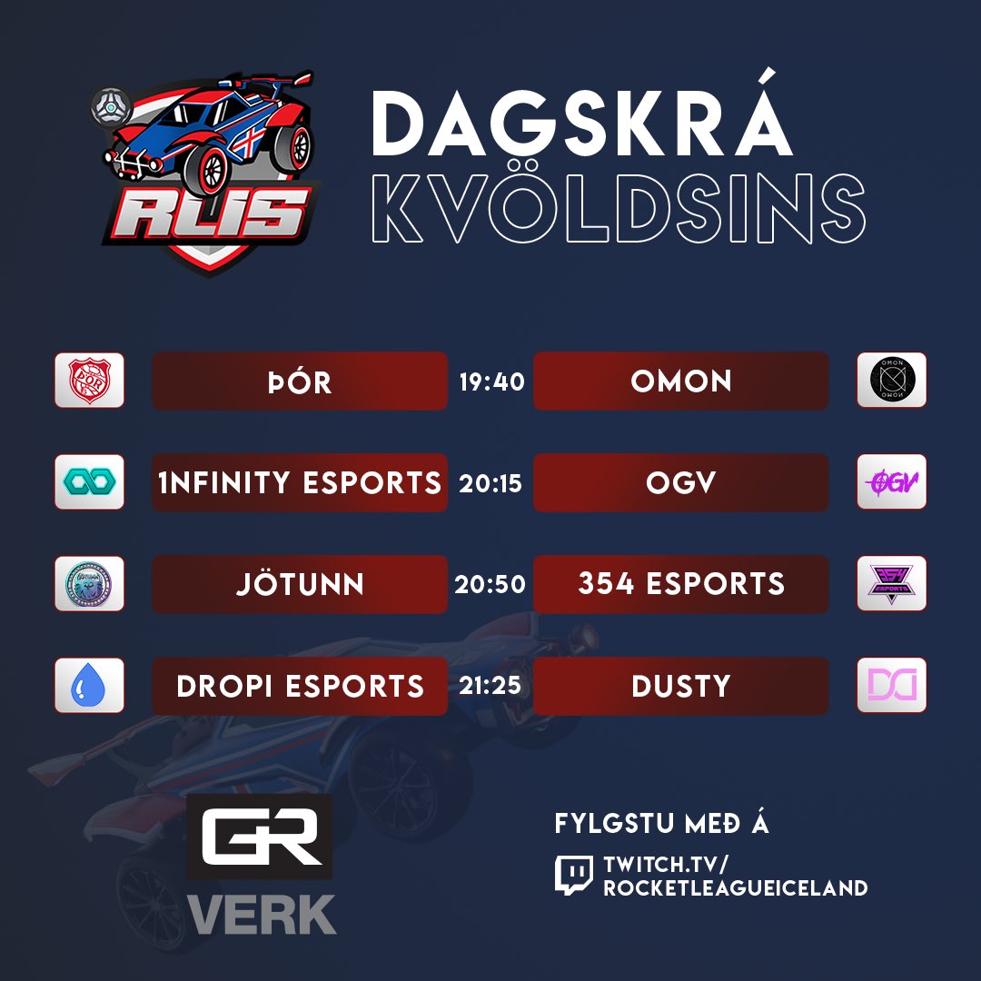 Ellefta umferð GR Verk deildarinnar fer fram í kvöld!

Það verður æsispennandi leikur milli 354 Esports og Jötunn sem eru jafnir í miðjunni!! Lokum kvöldið með leik milli neðsta liðsins, Dropi Esports, og efsta liðsins, DUSTY. 

Twitch.tv/rocketleagueic…