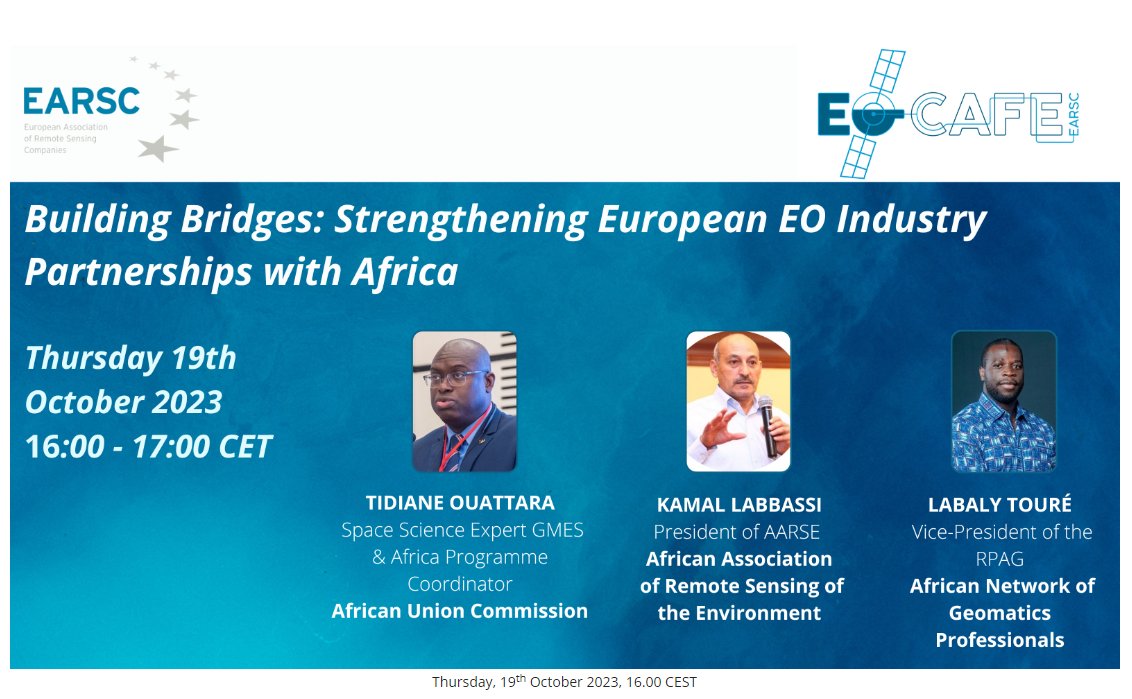 🌍 To our Africa and Europe Region Communities of Practice within #EOTECDevNet, @EARSC is hosting an informative #EOcafe tomorrow, Oct 19 at 16:00 CEST. The topic focuses on EO collaborations between Africa & Europe.

📝 Register: earsc.org/2023/10/12/afr…

#AfricaEU #EOindustry
