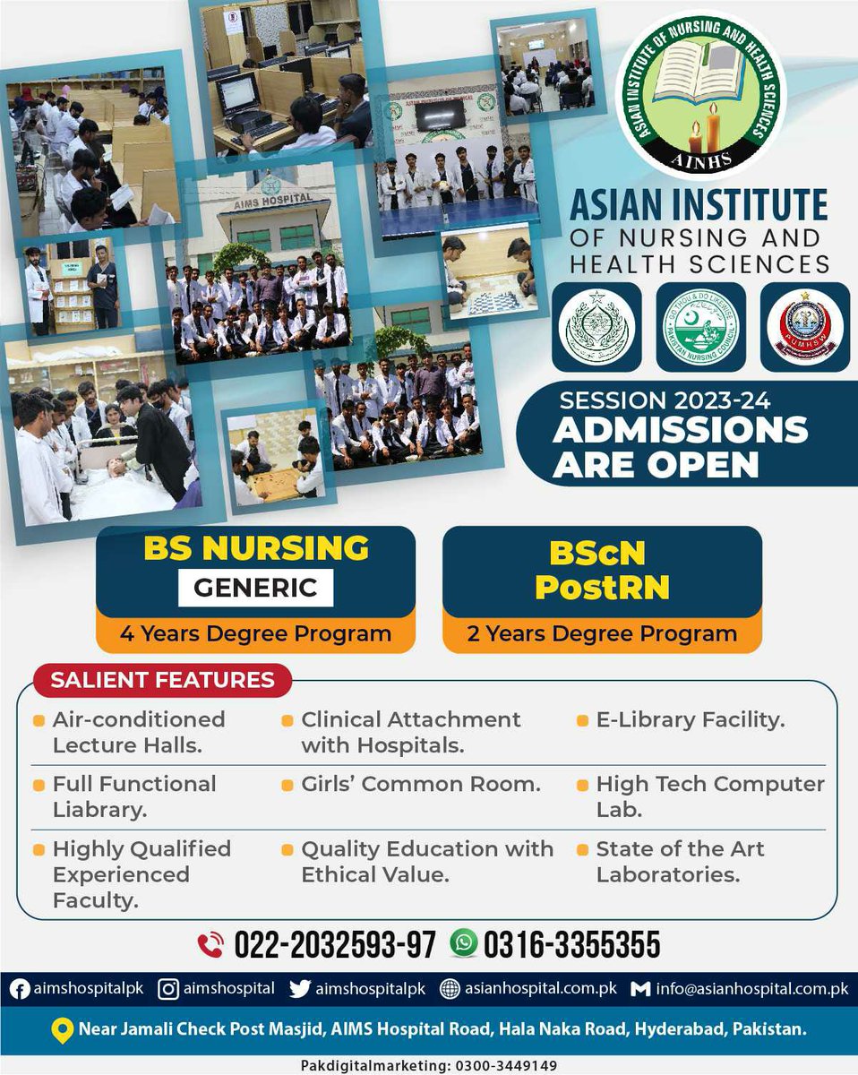 AimsHospitalPk's tweet photo. ＡＤＭＩＳＳＩＯＮ ＡＲＥ ＯＰＥＮ
𝟎𝟒 𝐘𝐄𝐀𝐑𝐒 𝐃𝐄𝐆𝐑𝐄𝐄 𝐏𝐑𝐎𝐆𝐑𝐀𝐌𝐒
BSN GENERIC
BS RADIOLOGY
BS MEDICAL LABORATORY TECHNOLOGY (MLT)
𝟎𝟐 𝐘𝐄𝐀𝐑𝐒 𝐃𝐄𝐆𝐑𝐄𝐄 𝐏𝐑𝐎𝐆𝐑𝐀𝐌𝐒
BSc POSTRN
Contact : 022-2032593-7 I 𝐖𝐡𝐚𝐭𝐬𝐮𝐩: 0334-3355356 https://t.co/58KCWECmj9