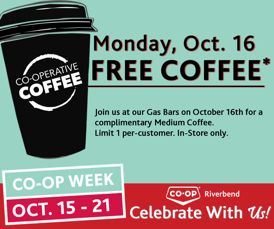 🎊 It is Co-op Week! 🎈 

☕ For today only, receive a FREE COFFEE when you visit one of our Gas Bar Locations⛽

*Limit 1 per-customer

#WeAreKenastonn #WeAreConquest #WeAreCommunity #WeAreCoop