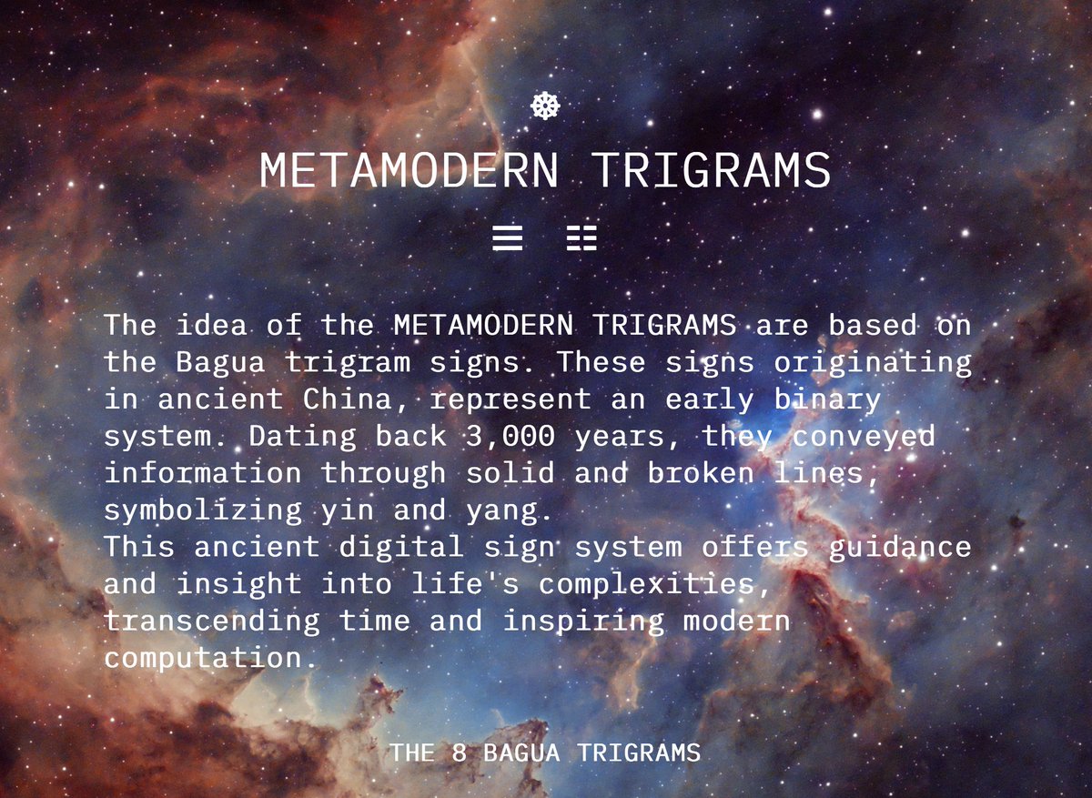 fkuhlmann's tweet photo. the #MetamodernTrigrams combining more than 3000 years of digital culture and history into a new #nftart project. its all about connecting the past with the future for fun, myths, profit and our higher consciousness.
#upcoming #nft #drop #projectrelease #metamodernism https://t.co/XDyHjJkv7O