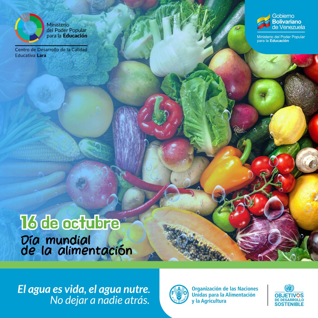 #16Oct | Día Mundial de la Alimentación.
"El agua es vida. El agua nutre. No dejar a nadie atrás" es el lema este 2023.
Reflexionamos sobre las profundas repercusiones de la gestión del agua en los sistemas agroalimentarios y el planeta.

#MiPuebloLibertador 
@MPPEDUCACION