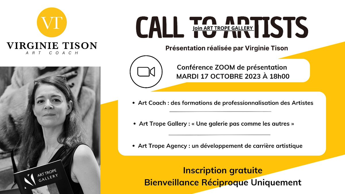 VirginieTison's tweet photo. [ #CallToArtists #Artists #ConferenceZoom ]⚡
•
❗ SAVE THE DATE : Art Trope Gallery présenté par Virginie Tison, le mardi 17 octobre 2023 à 18h, lors d’une Conférence Zoom !
•
👉  https://t.co/lO7DskIh2z
__
#arttropegallery #coach #masterclass2023 https://t.co/tmZxu55GmB