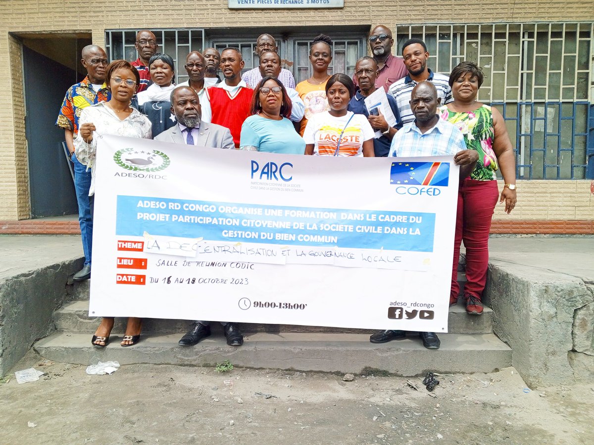 adeso_rdcongo's tweet photo. Lancement ce Lundi 1️⃣6️⃣ Octobre à #Kinshasa de la 2ème formation organisée par @adeso_rdcongo dans le cadre du projet #PARC, destinée aux animateurs du #CCPSC de la commune de #Kinshasa et quelques invités, sous le thème : LA DÉCENTRALISATION ET LA GOUVERNANCE LOCALE. #COFED🇪🇺🇨🇩 https://t.co/9VWdo2SuyO