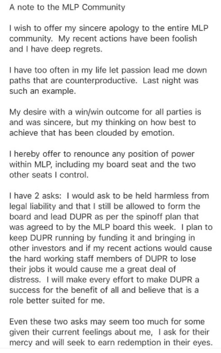 TalkPickleball's tweet image. The fall of MLP  1) MLP overcommits 2024 salaries trying to buy pros . 2) MLP is massively negative cash today  3)founder steve kuhn trys to sell another mlp team to raise money to pay for nov 23 event 4) existing mlp owners see MLP is sham.  5) Steve K. resigns.  Org is bankrupt