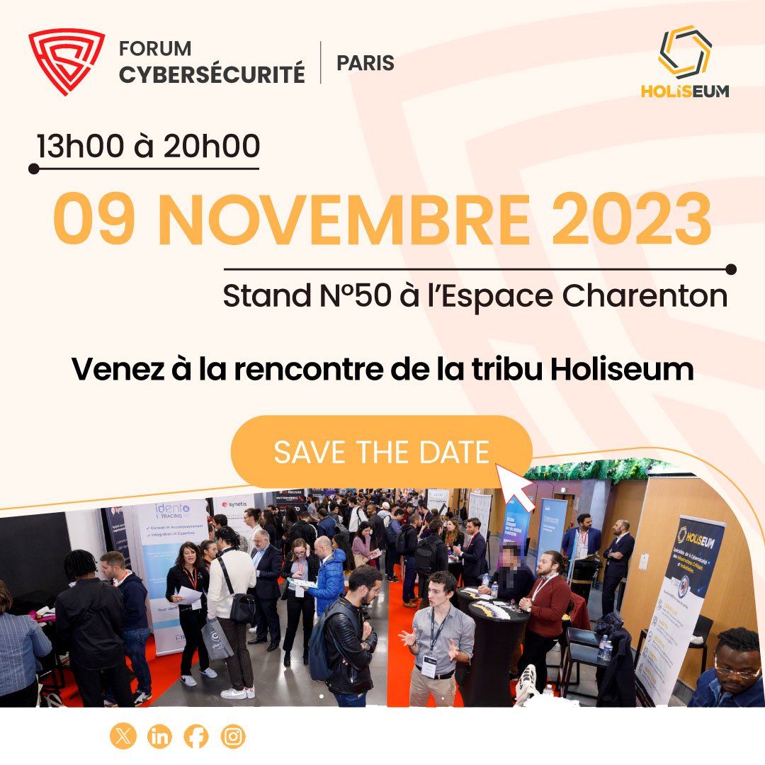 [Save the date] 📅
Venez à la rencontre de la tribu Holiseum jeudi 9 novembre 2023 au Forum #Cybersécurité à l’Espace Charenton, Paris 12, au stand N°50. 🌐🛡️
Join the team ! 💪👉forumcybersecurite.fr/entreprises/ho…