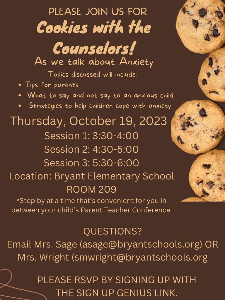 Mrs. Wright and Mrs. Sage will be offering cookies with counselors on parent teacher conference night, Thursday, October 19th! 

Click the link below to sign up and join them! 
signupgenius.com/go/9040C44ACAF…