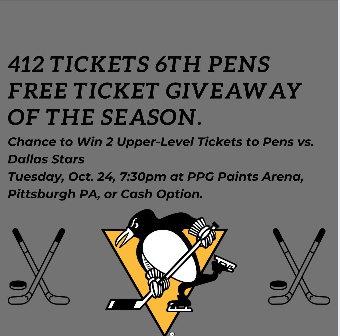 412Tickets's tweet image. #PensFreeTicketGiveaway
Chance to win 2 Free Upper-Level Tickets to #Pens vs #Stars on Tues. 10/24 at 7:30pm or $25 via Cash App/Paypal
Giveaway starts Now ends Mon 10/16 at 11:59pm EST
Follow, RP &amp;amp; TAG FRIENDS
Enter on our FB &amp;amp; IG @412Tickets too
Winner agrees not to Resale Tix
