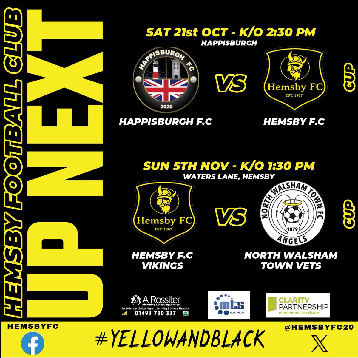 💛🖤UP NEXT🖤💛
Sat our 1st team are away to <a href="/Happisburgh20/">Happisburgh Football Club</a> in the 2nd round of the Norfolk Junior Cup.
Next game for the Vikings is on Sun 5/11 where they host <a href="/northwalshamtfc/">North Walsham Town Football Club</a> Vets in the Norfolk Vets Cup.
#hemsbyfc #waterslane #yellowandblack #norfolkfootball
