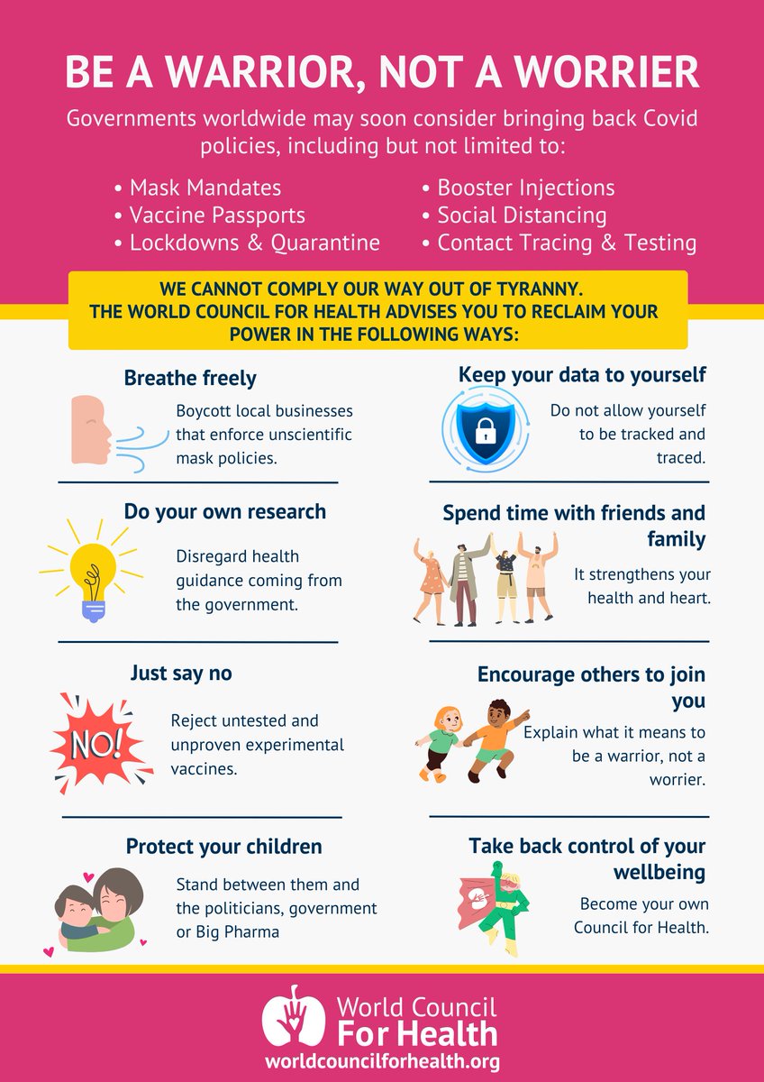 FreeWCH's tweet image. We cannot comply our way out of tyranny.

Governments worldwide may soon consider bringing back Covid policies, including:

• Mask Mandates
• Vaccine Passports
• Lockdowns &amp;amp; Quarantine
• Booster Injections
• Social Distancing
• Contact Tracing &amp;amp; Testing

Reclaim your power!