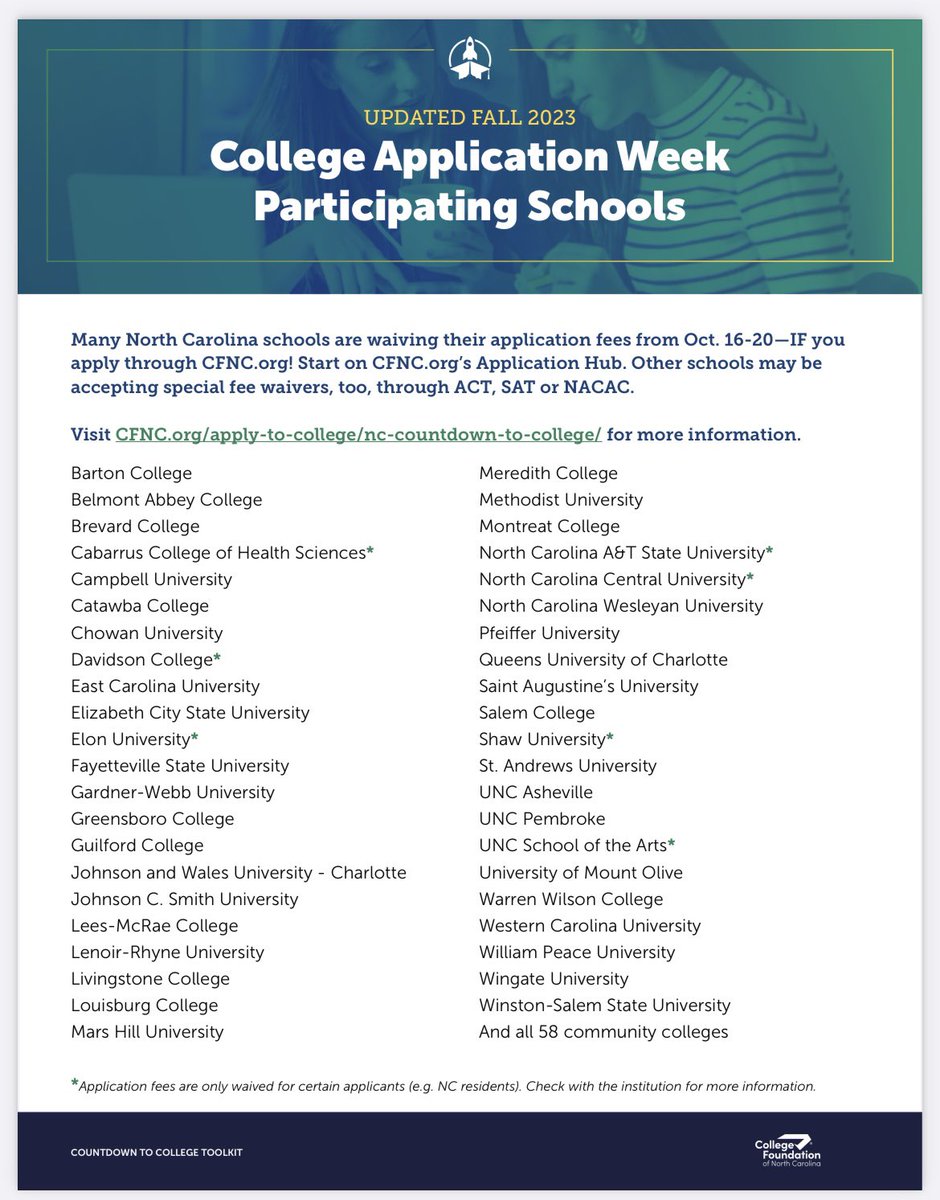 This week is free college application week for many NC colleges/universities. Seniors please make sure you are completing those applications through CFNC.org. Also to see if you qualify for in-state tuition please complete the residency determination application.